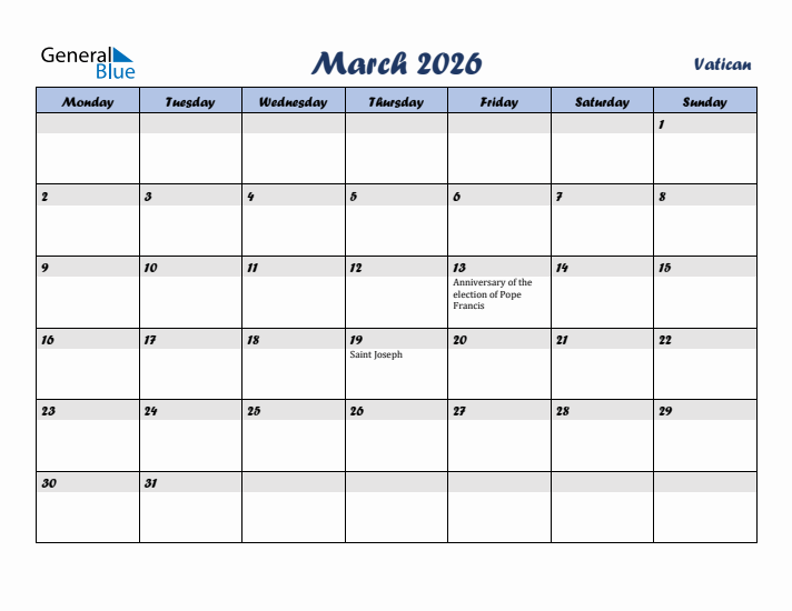 March 2026 Calendar with Holidays in Vatican