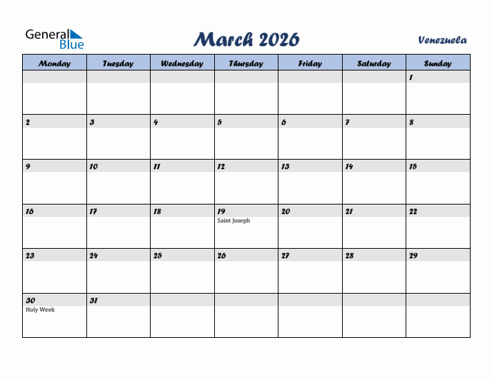 March 2026 Calendar with Holidays in Venezuela