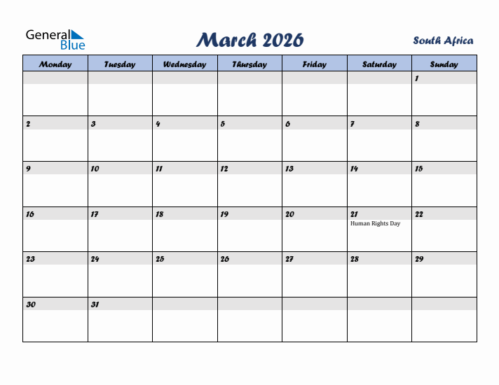 March 2026 Calendar with Holidays in South Africa