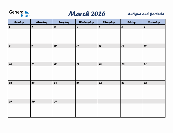 March 2026 Calendar with Holidays in Antigua and Barbuda