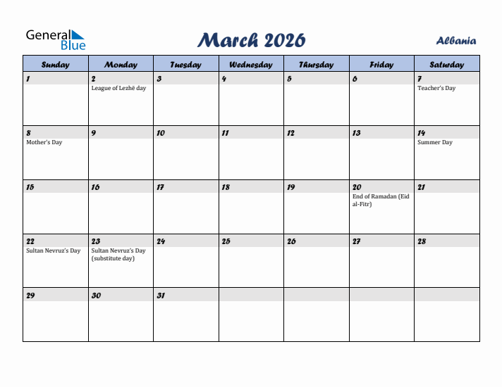 March 2026 Calendar with Holidays in Albania