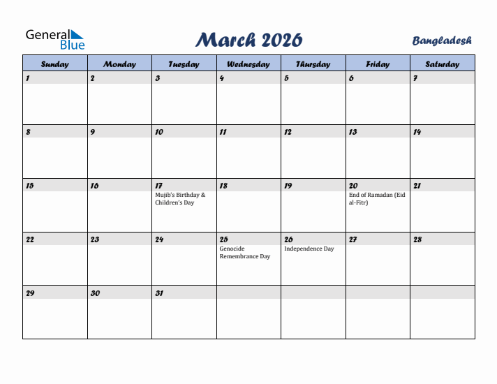 March 2026 Calendar with Holidays in Bangladesh