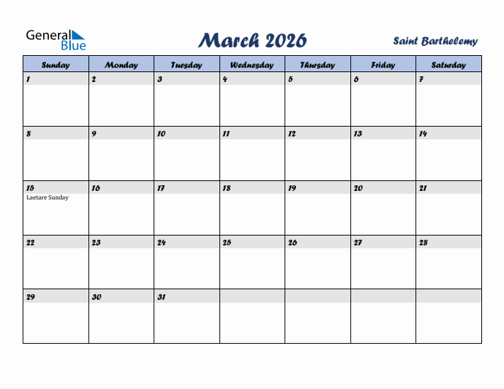 March 2026 Calendar with Holidays in Saint Barthelemy