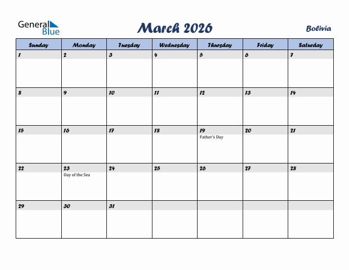 March 2026 Calendar with Holidays in Bolivia