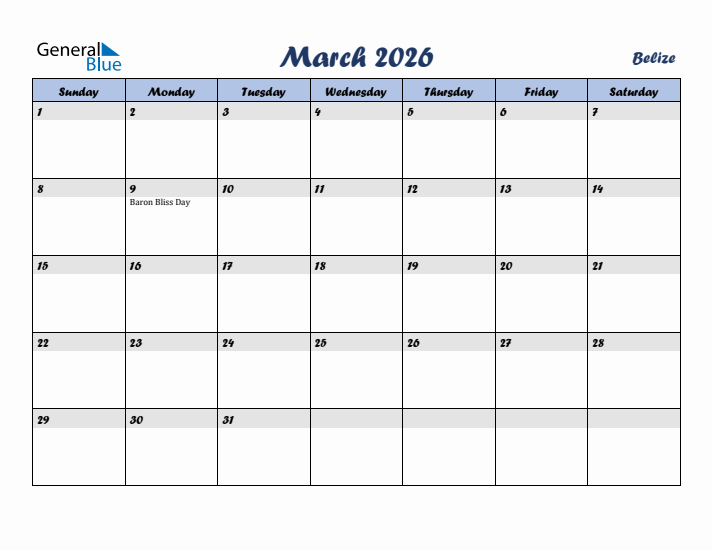 March 2026 Calendar with Holidays in Belize