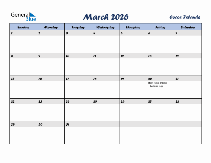 March 2026 Calendar with Holidays in Cocos Islands