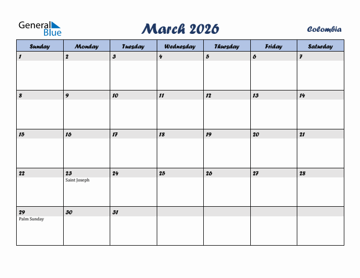 March 2026 Calendar with Holidays in Colombia