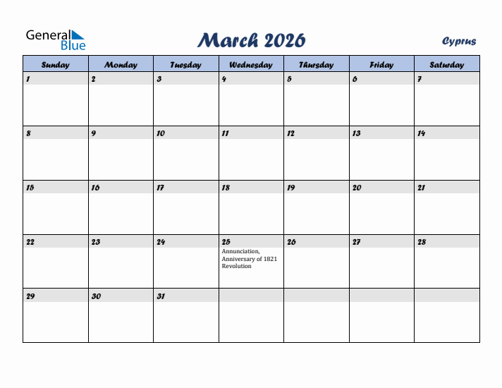 March 2026 Calendar with Holidays in Cyprus