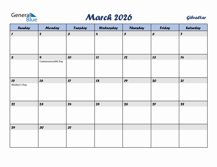 March 2026 Calendar with Holidays in Gibraltar