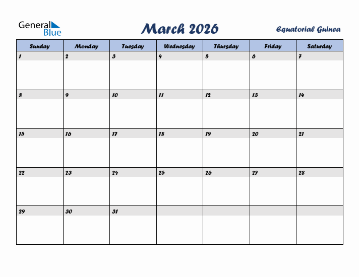 March 2026 Calendar with Holidays in Equatorial Guinea