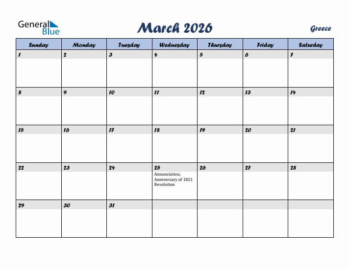 March 2026 Calendar with Holidays in Greece