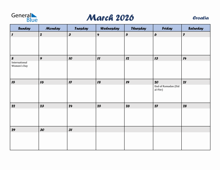March 2026 Calendar with Holidays in Croatia