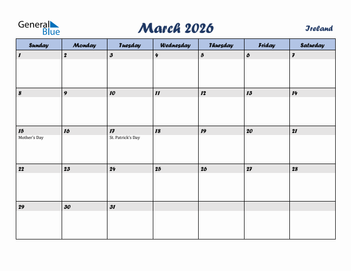 March 2026 Calendar with Holidays in Ireland