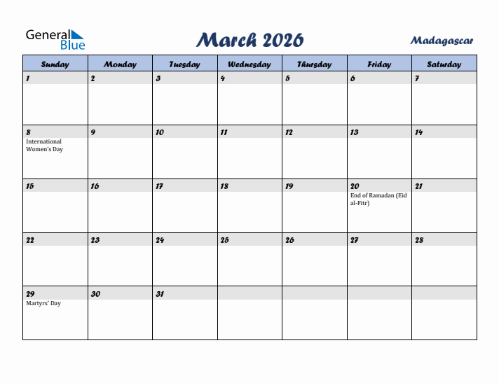 March 2026 Calendar with Holidays in Madagascar