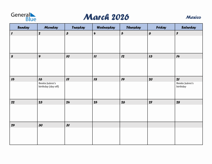 March 2026 Calendar with Holidays in Mexico