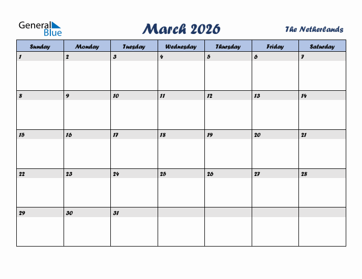 March 2026 Calendar with Holidays in The Netherlands