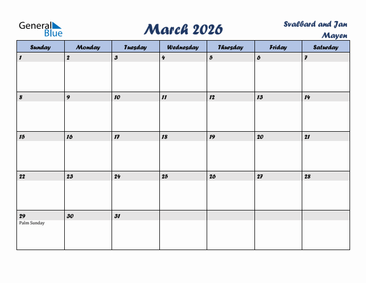 March 2026 Calendar with Holidays in Svalbard and Jan Mayen