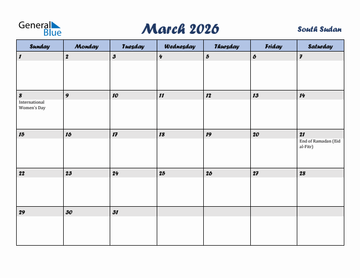 March 2026 Calendar with Holidays in South Sudan