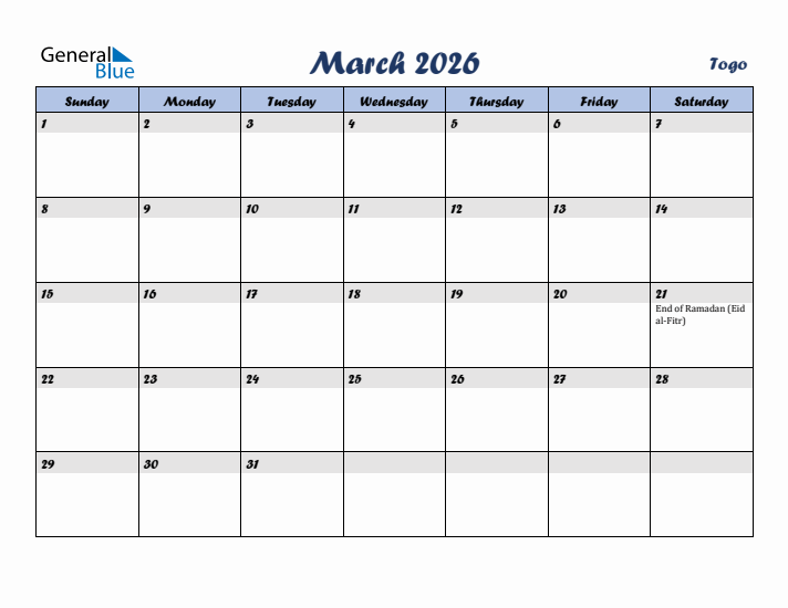 March 2026 Calendar with Holidays in Togo