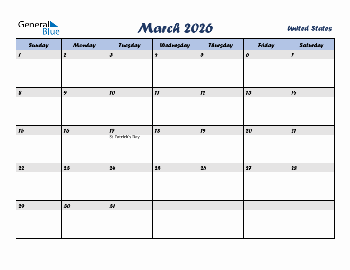 March 2026 Calendar with Holidays in United States