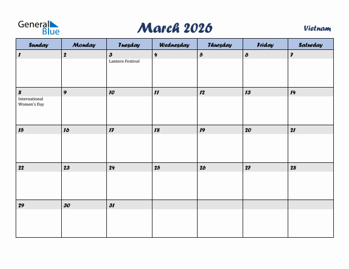 March 2026 Calendar with Holidays in Vietnam
