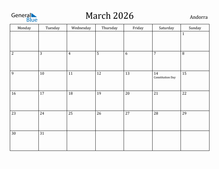 March 2026 Calendar Andorra