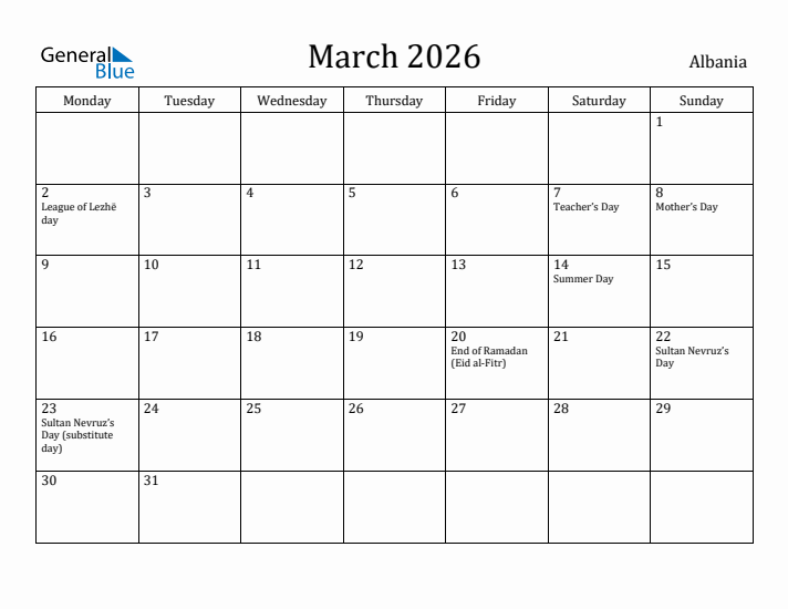 March 2026 Calendar Albania