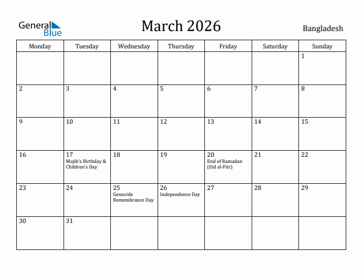 March 2026 Calendar Bangladesh
