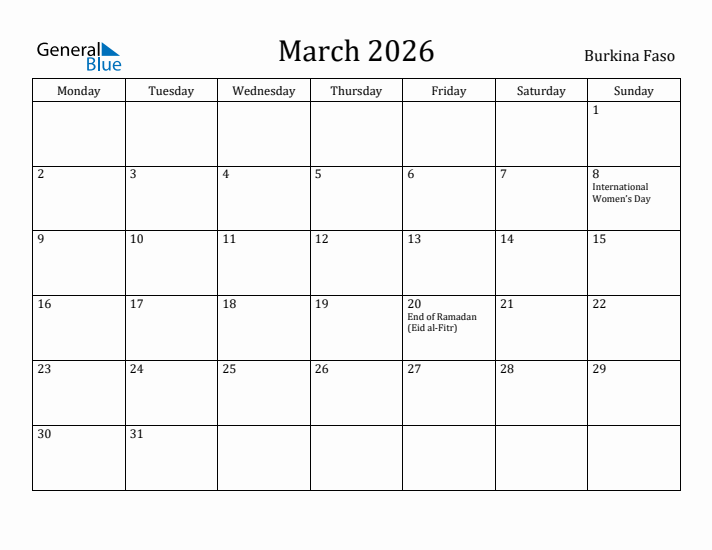March 2026 Calendar Burkina Faso