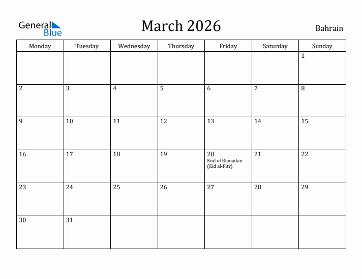 March 2026 Calendar Bahrain