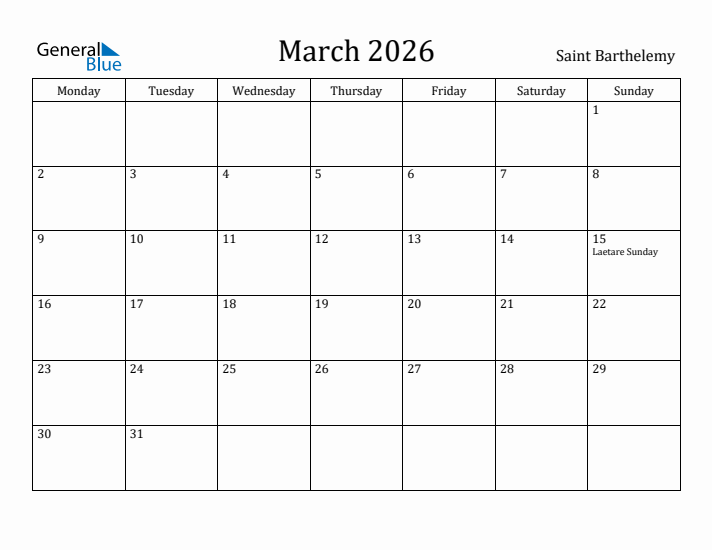 March 2026 Calendar Saint Barthelemy