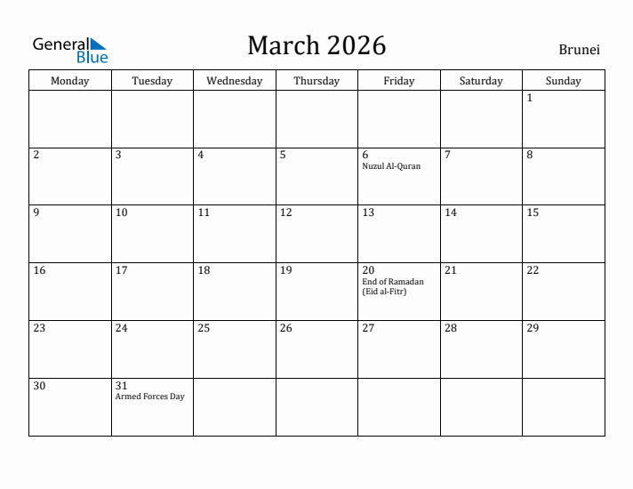 March 2026 Calendar Brunei