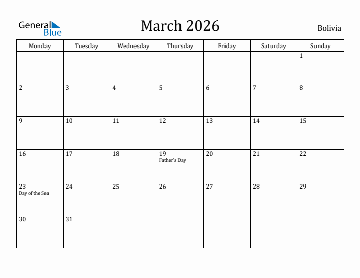 March 2026 Calendar Bolivia