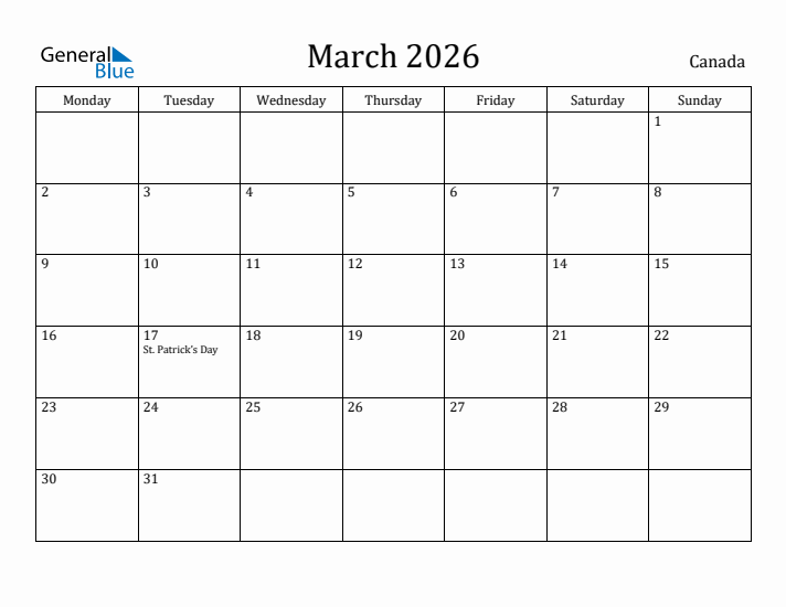 March 2026 Calendar Canada