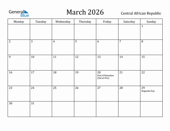 March 2026 Calendar Central African Republic
