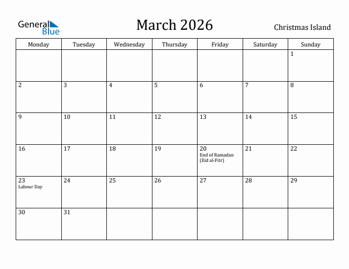 March 2026 Calendar Christmas Island