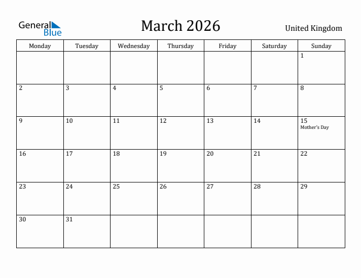 March 2026 Calendar United Kingdom
