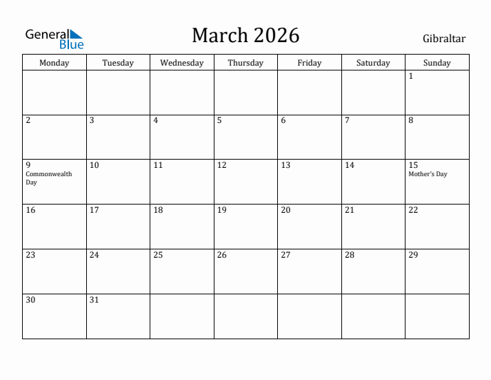 March 2026 Calendar Gibraltar