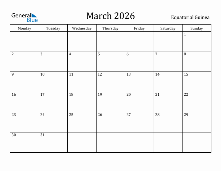 March 2026 Calendar Equatorial Guinea
