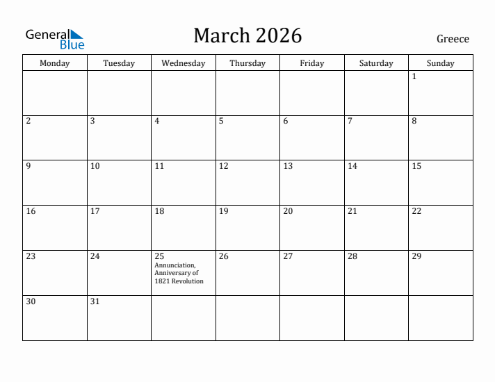 March 2026 Calendar Greece