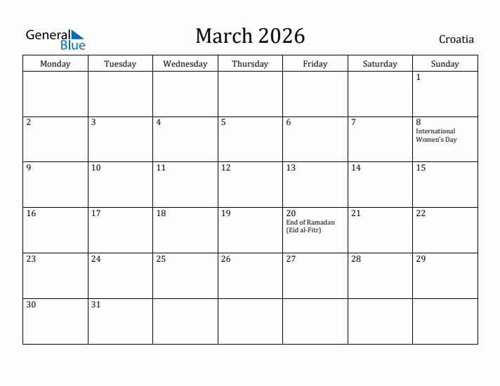 March 2026 Calendar Croatia