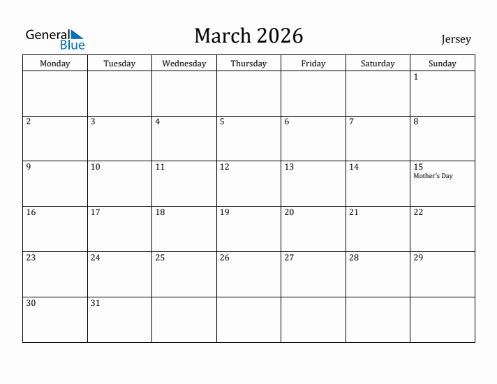 March 2026 Calendar Jersey