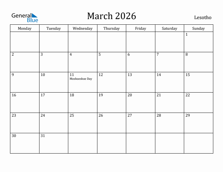 March 2026 Calendar Lesotho