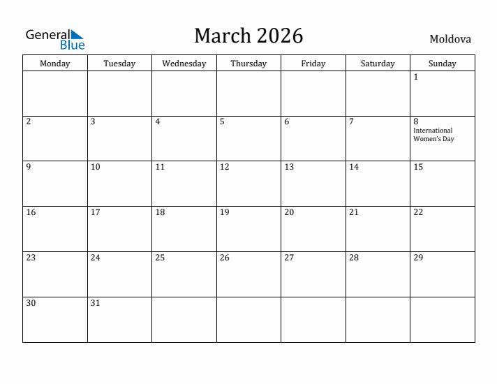 March 2026 Calendar Moldova