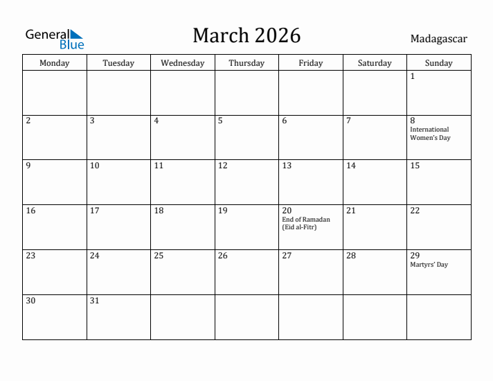 March 2026 Calendar Madagascar
