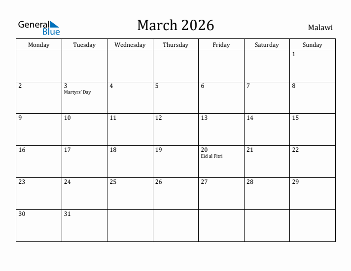 March 2026 Calendar Malawi