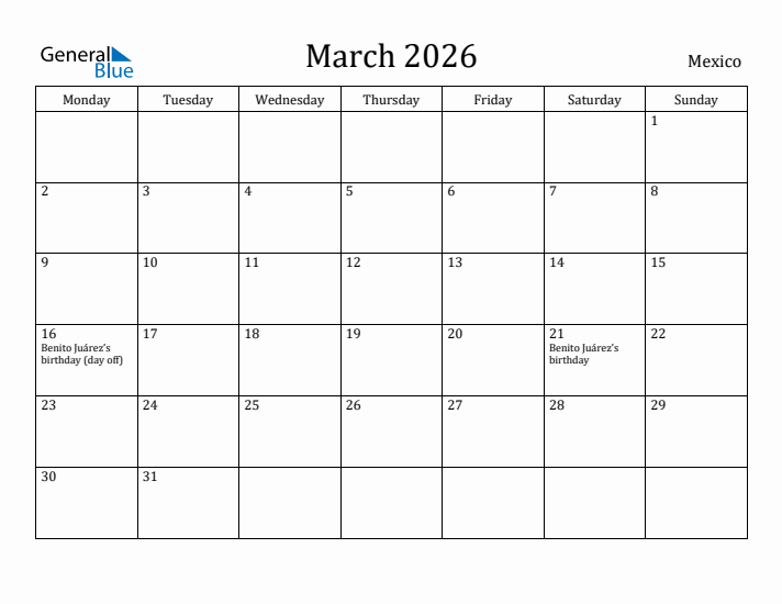 March 2026 Calendar Mexico