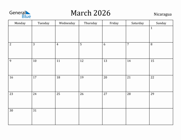 March 2026 Calendar Nicaragua