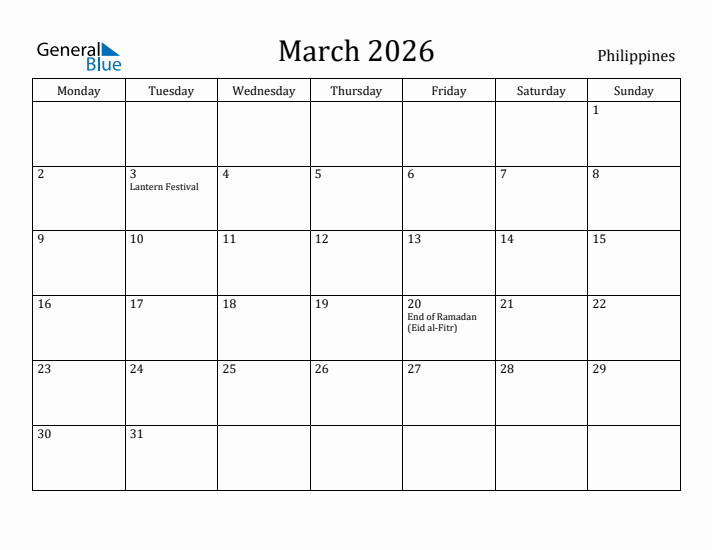 March 2026 Calendar Philippines