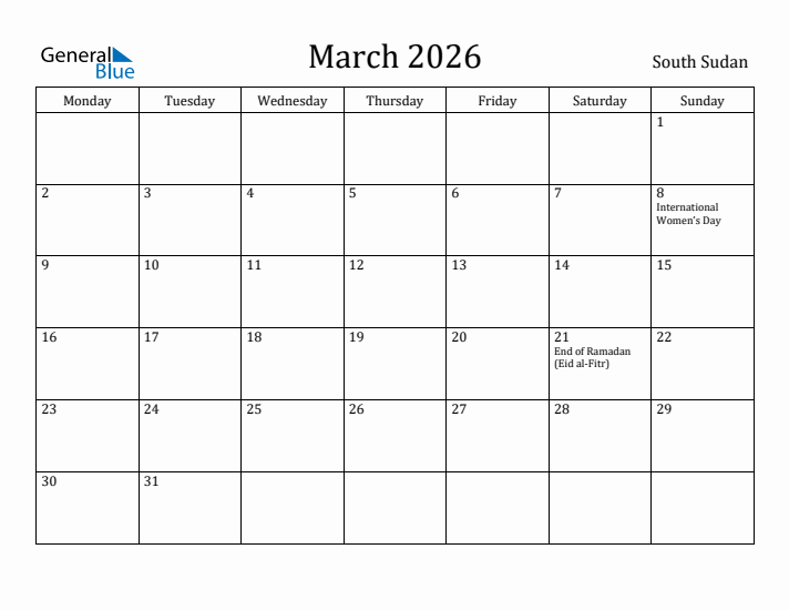March 2026 Calendar South Sudan